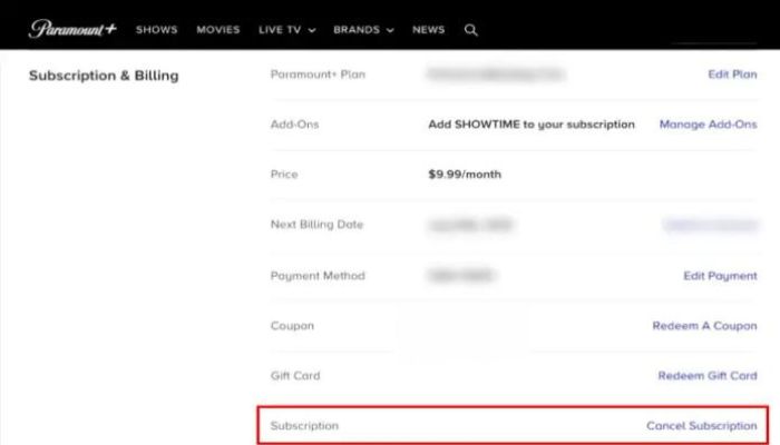 cancel paramount subscription site