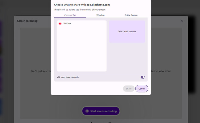Select YouTube page in Clipchamp